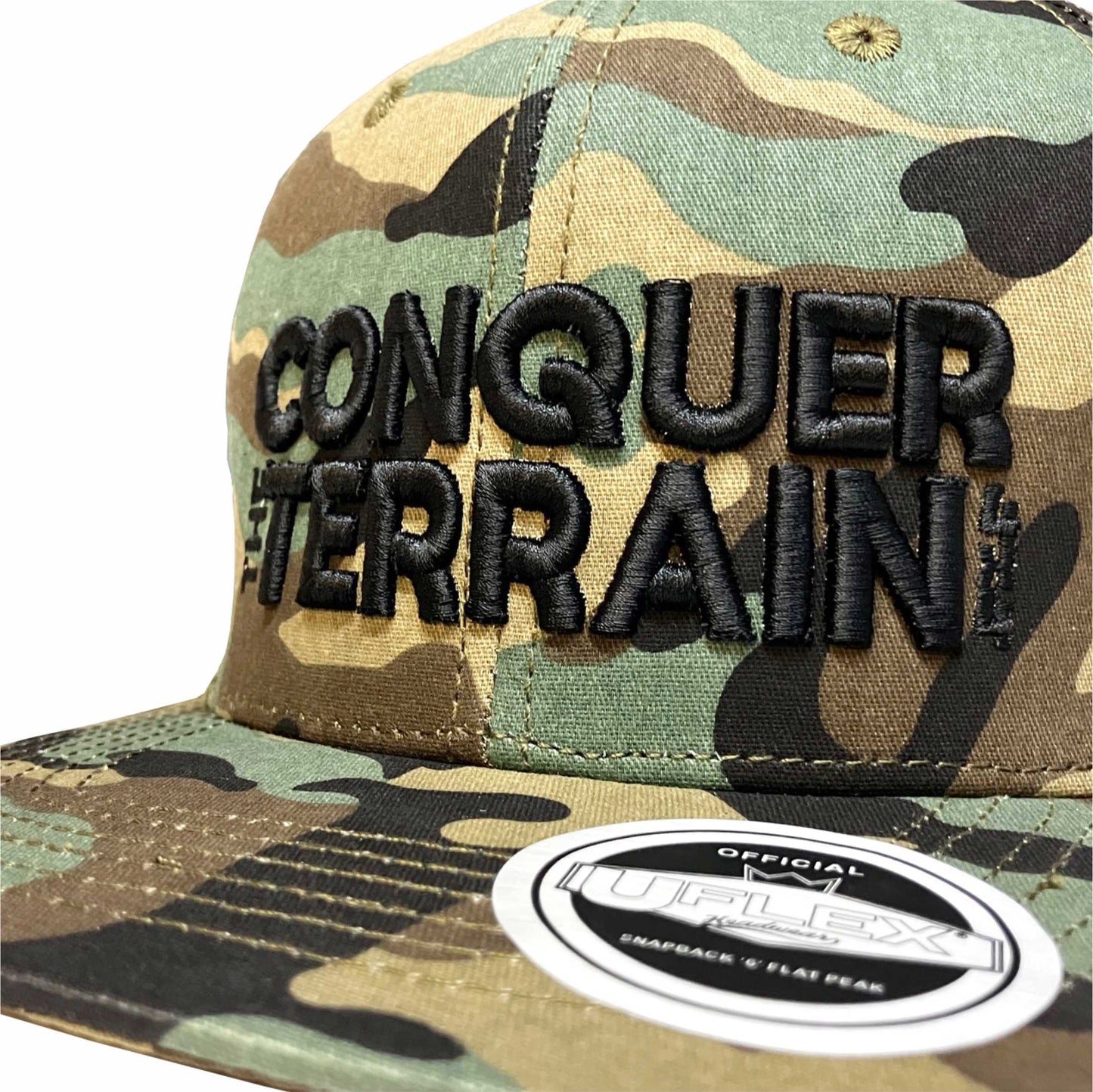 Conquer The Terrain 4x4 3D Black Embroidery - UFlex Flat Peak Cap - Camo