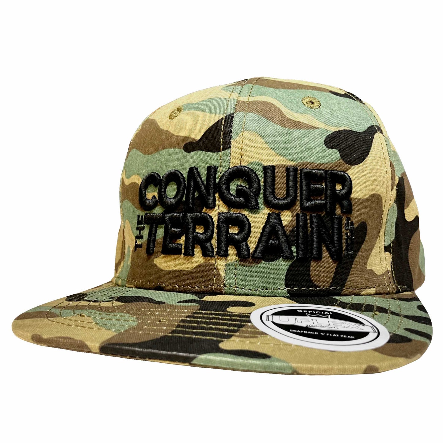 Conquer The Terrain 4x4 3D Black Embroidery - UFlex Flat Peak Cap - Camo
