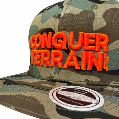 Conquer The Terrain 4x4 3D Fluoro Orange Embroidery - UFlex Flat Peak Cap - Camo