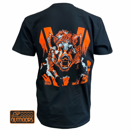 SnP Outdoors Adult Hi-Vis Hunting tee - Fluoro Orange Boar